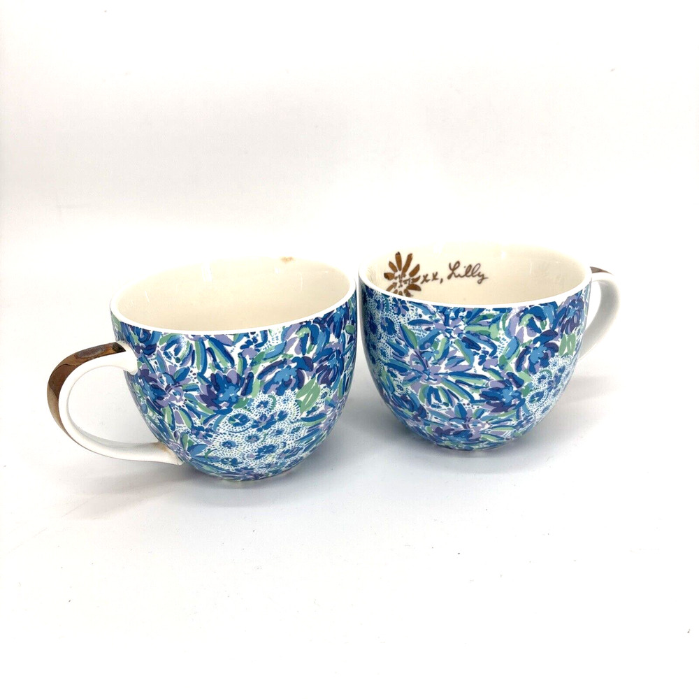 Lilly Pulitzer Mugs Set 2 Blue Floral Gold White Coffee Tea Cups 12oz Ceramic